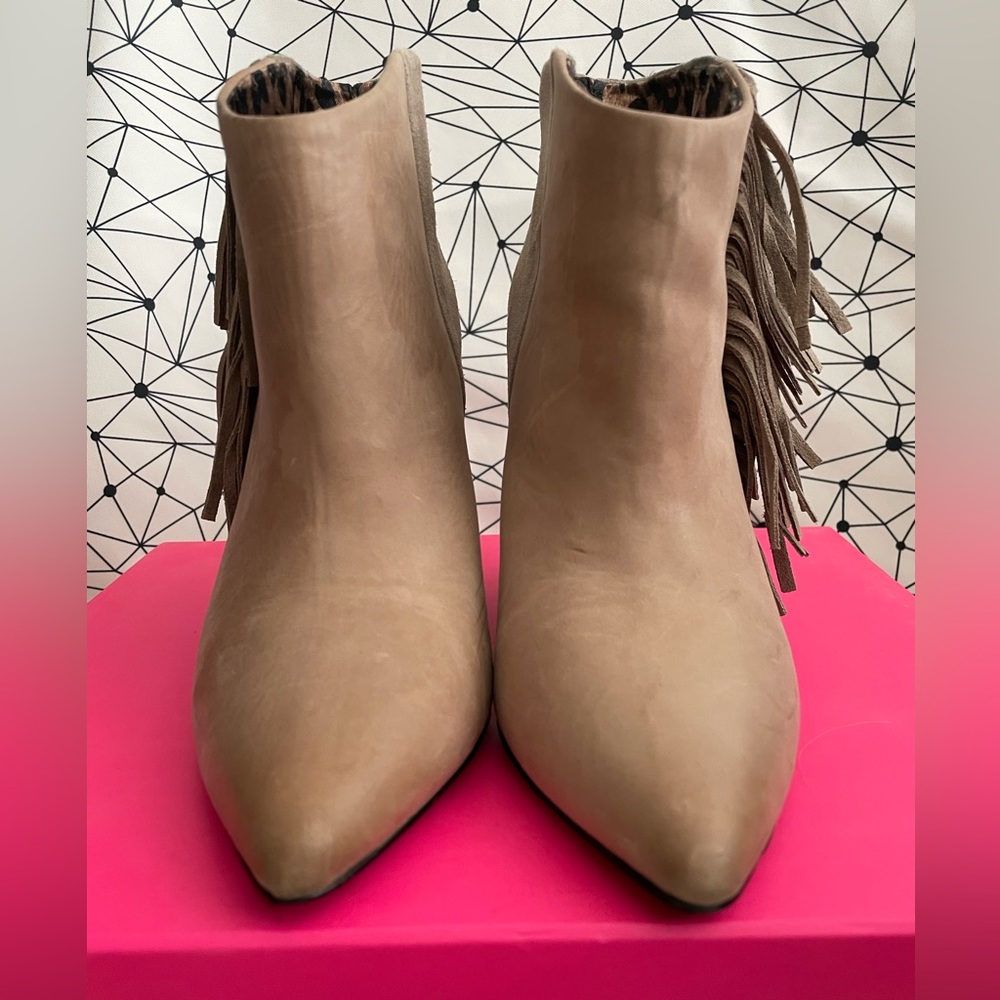 Betsey Johnson Taupe Suede Fringe Wedge Ankle Boots - Picture 2 of 9